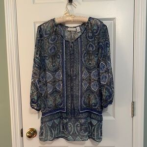 Chico's Blue Graphic 3/4 Sleeve Tunic Blouse